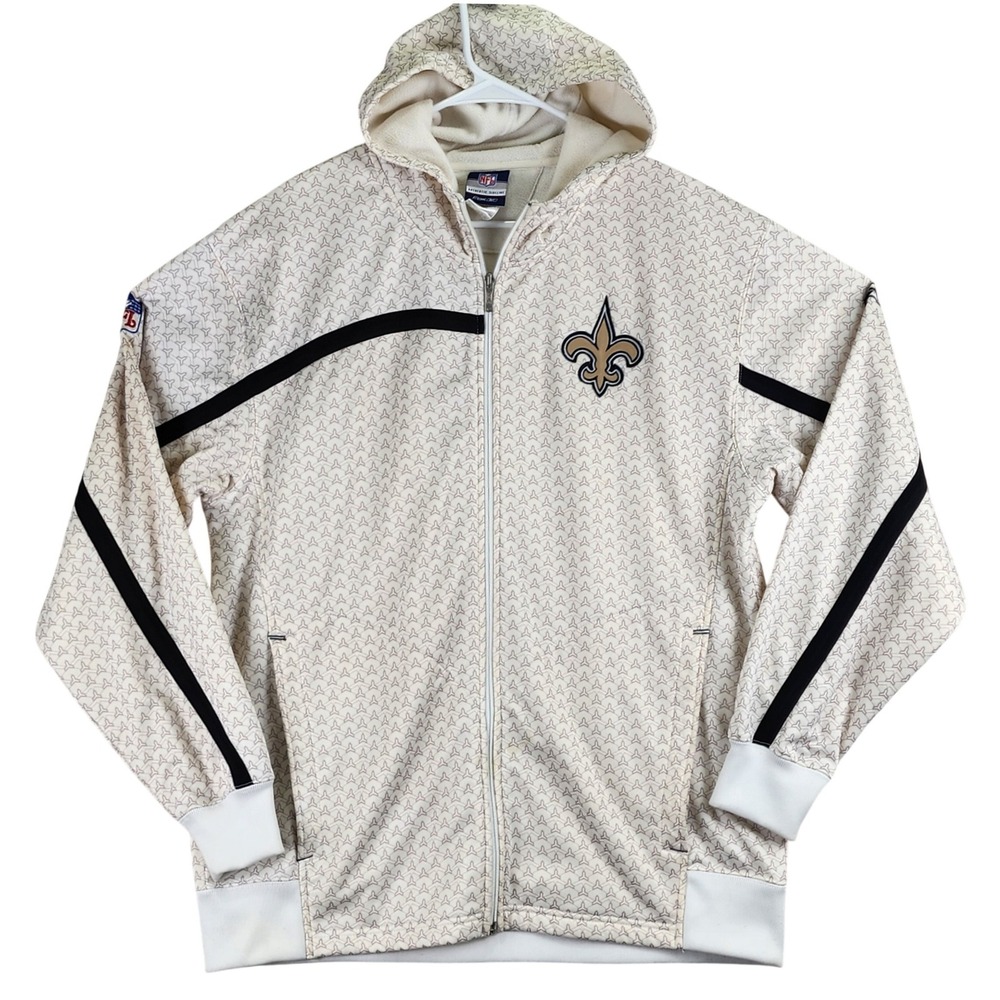 New Orleans Saints Reebok NFL Hoodie Men L Cream Full Zip Sideline Fleece Jacket